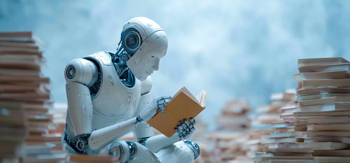 AI robot reading books, depicting the concept of AI being very knowledgeable.