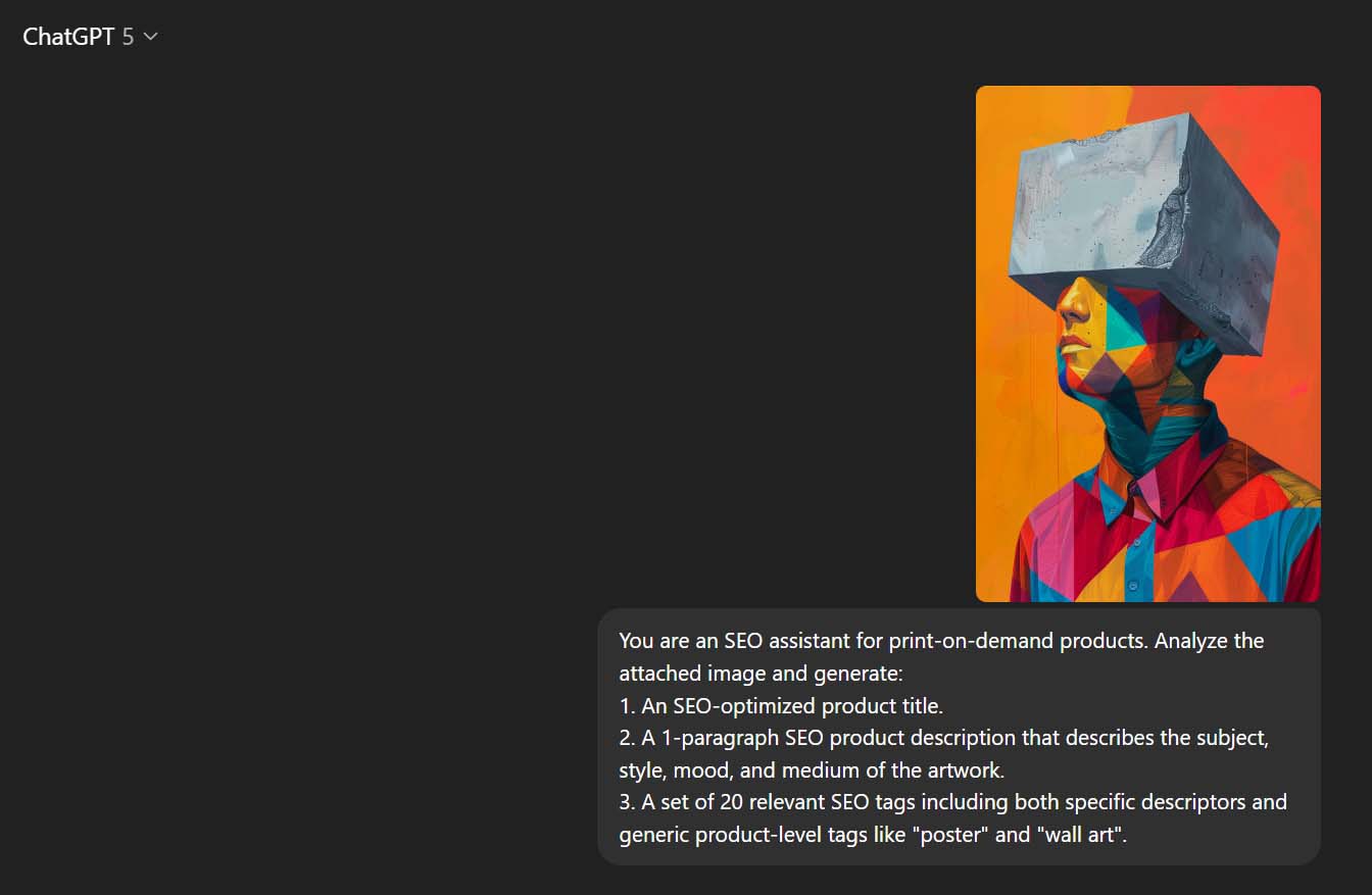 ChatGPT AI image recognition being used to generate SEO-optimized titles, descriptions and tags for print-on-demand products.