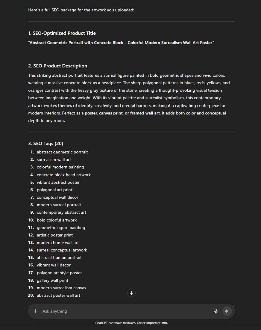 ChatGPT AI image recognition being used to generate SEO-optimized titles, descriptions and tags for print-on-demand products.