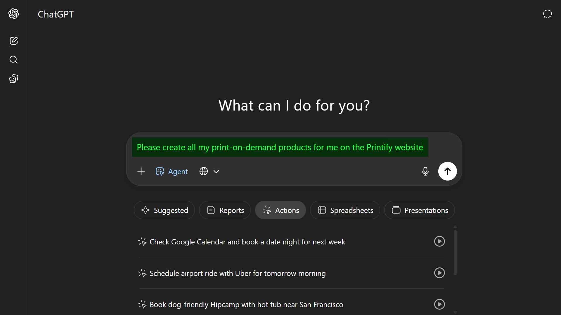 Example screenshot showing ChatGPT Agent Mode being used.