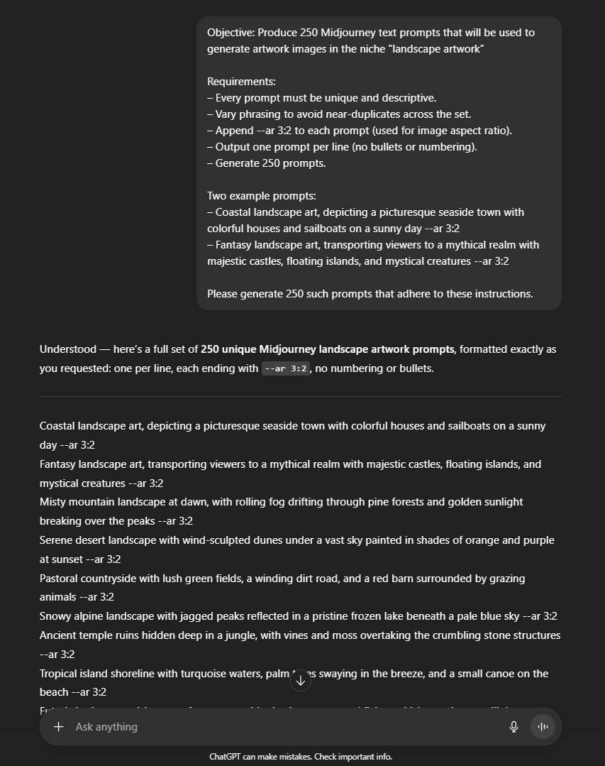 ChatGPT being used to bulk-generate artwork-generation text prompts.