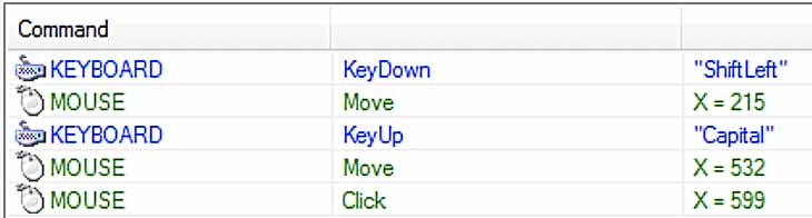 Arbitrary mouseclicks and keystrokes being logged by a Macro Recorder automation tool.