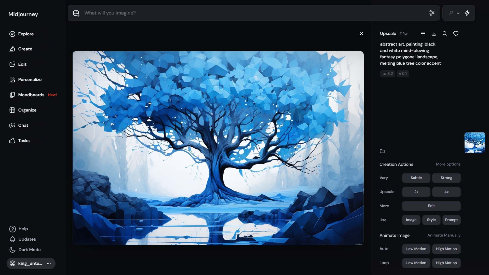 AI-generated artwork image, close-up, in Midjourney website interface.