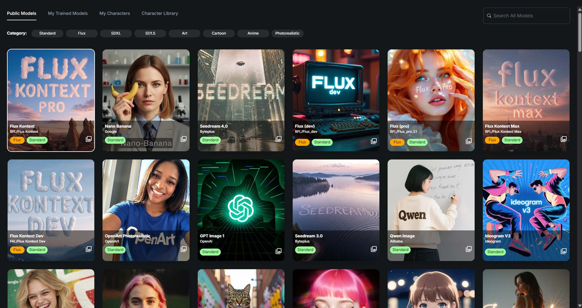 OpenArt: Option to select different AI image generation models, screenshot.