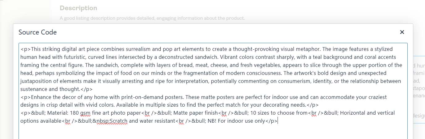 POD product with AI-generated SEO product description and custom HTML, screenshot example.