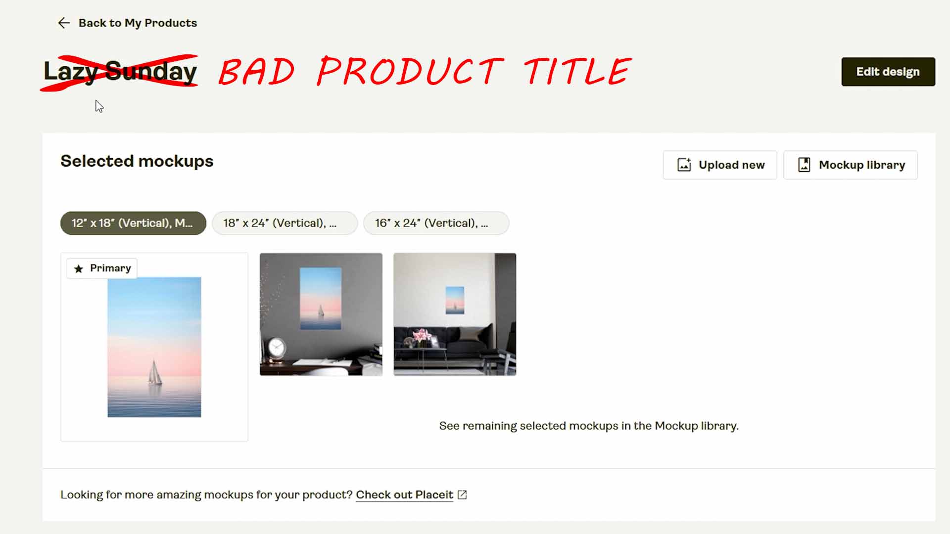 Example of a bad print-on-demand product title, for SEO purposes.