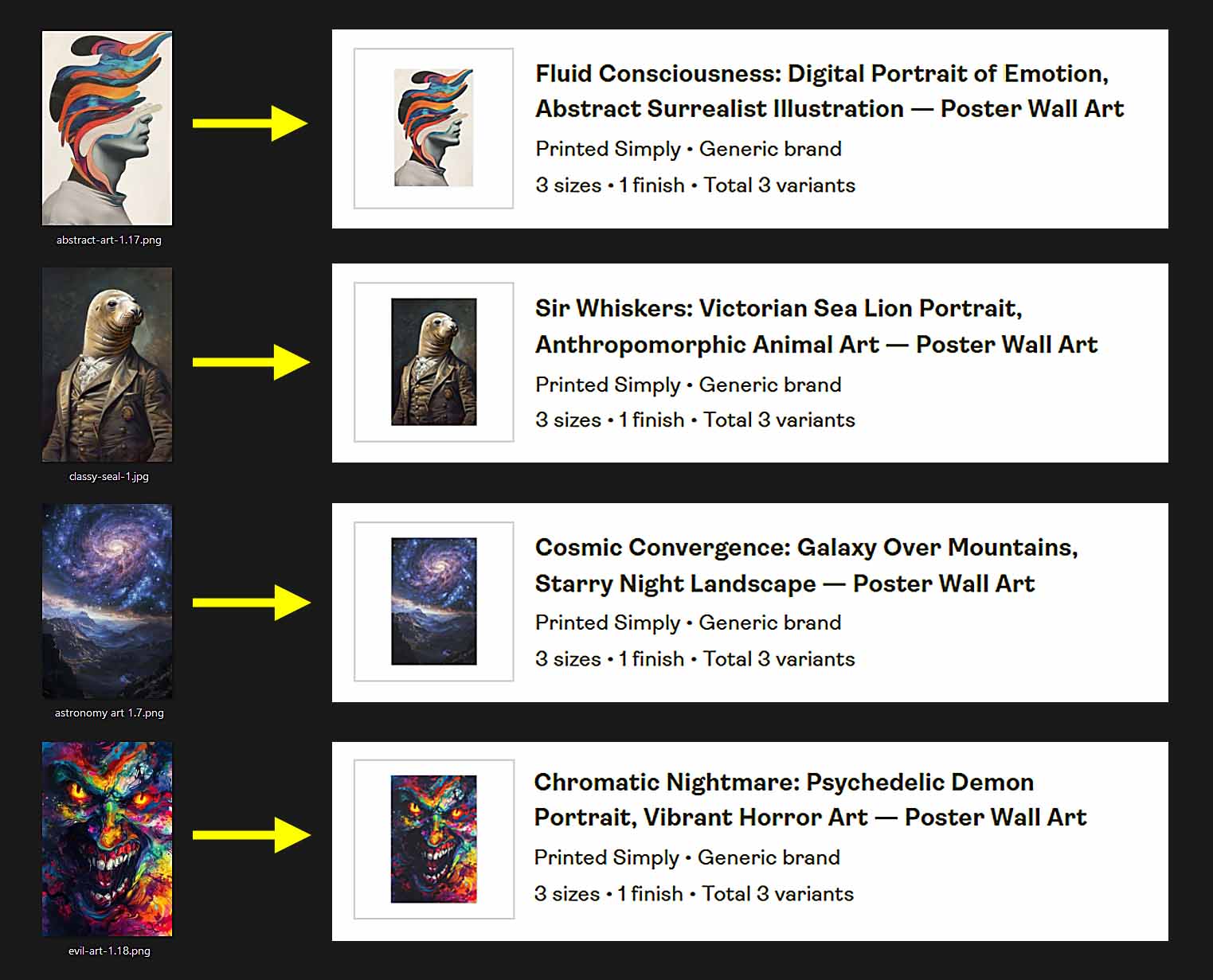 Artwork images, being converted into SEO-optimized POD products, by the Bulk POD Product Creator using its AI features.