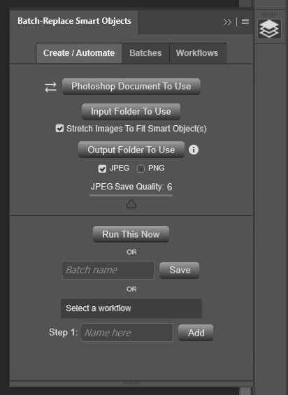 Batch-Replace Smart Objects plugin for Photoshop: Interface screenshot image.