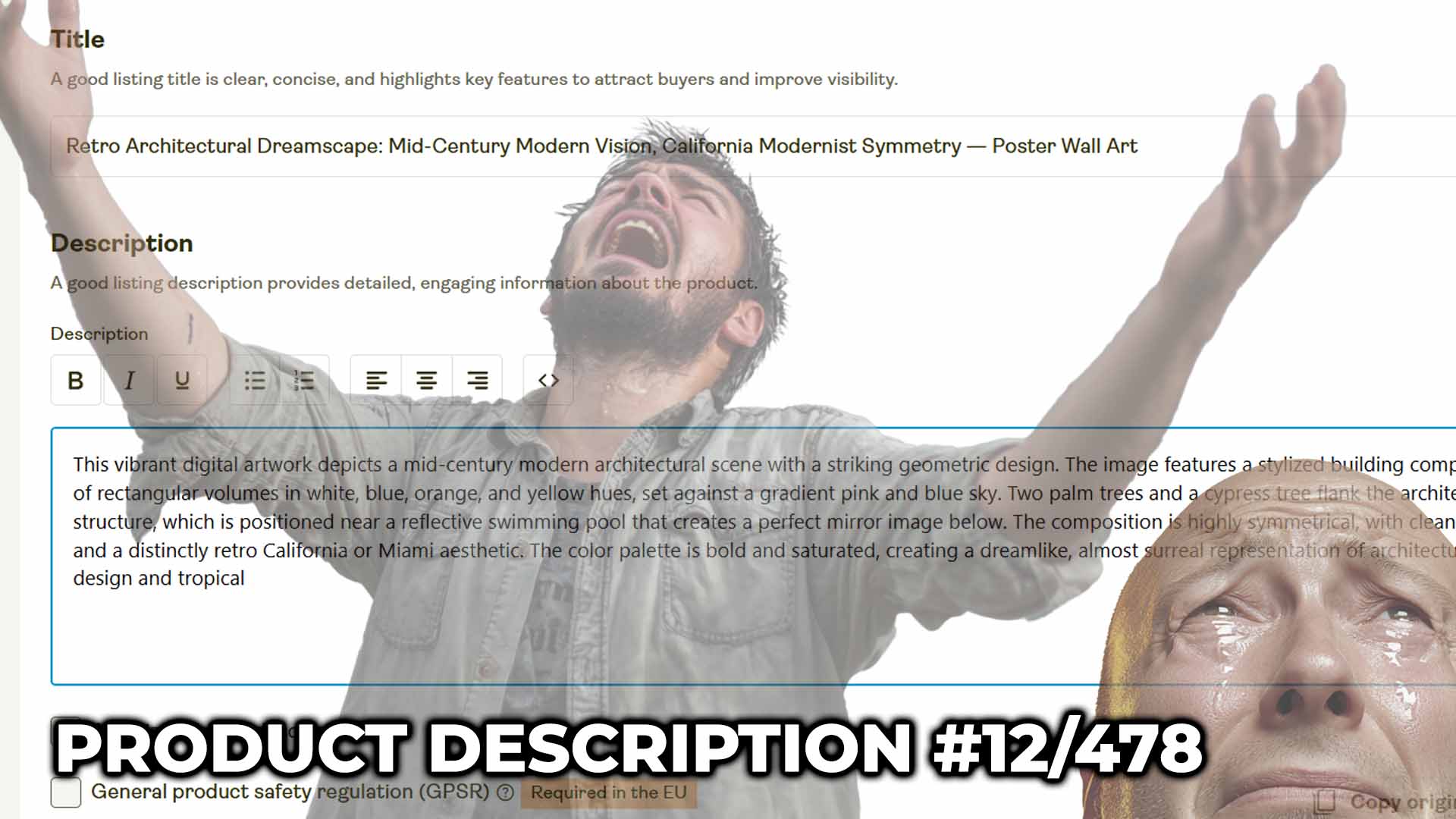 A bored person struggles to manually write titles, descriptions and tags for a large number of print-on-demand products.