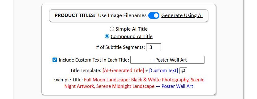 Bulk POD Product Creator interface screenshot, Product Titles section.