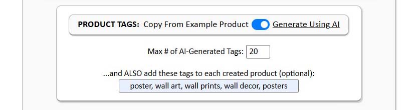Bulk POD Product Creator interface screenshot, Product Tags section.