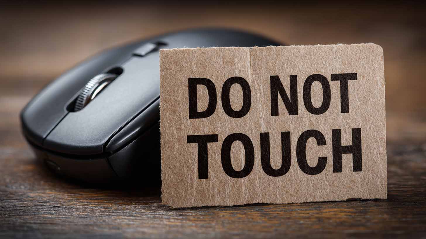 Computer mouse says 'DO NOT TOUCH' on it: humorous concept showing fragility of RPA tools.
