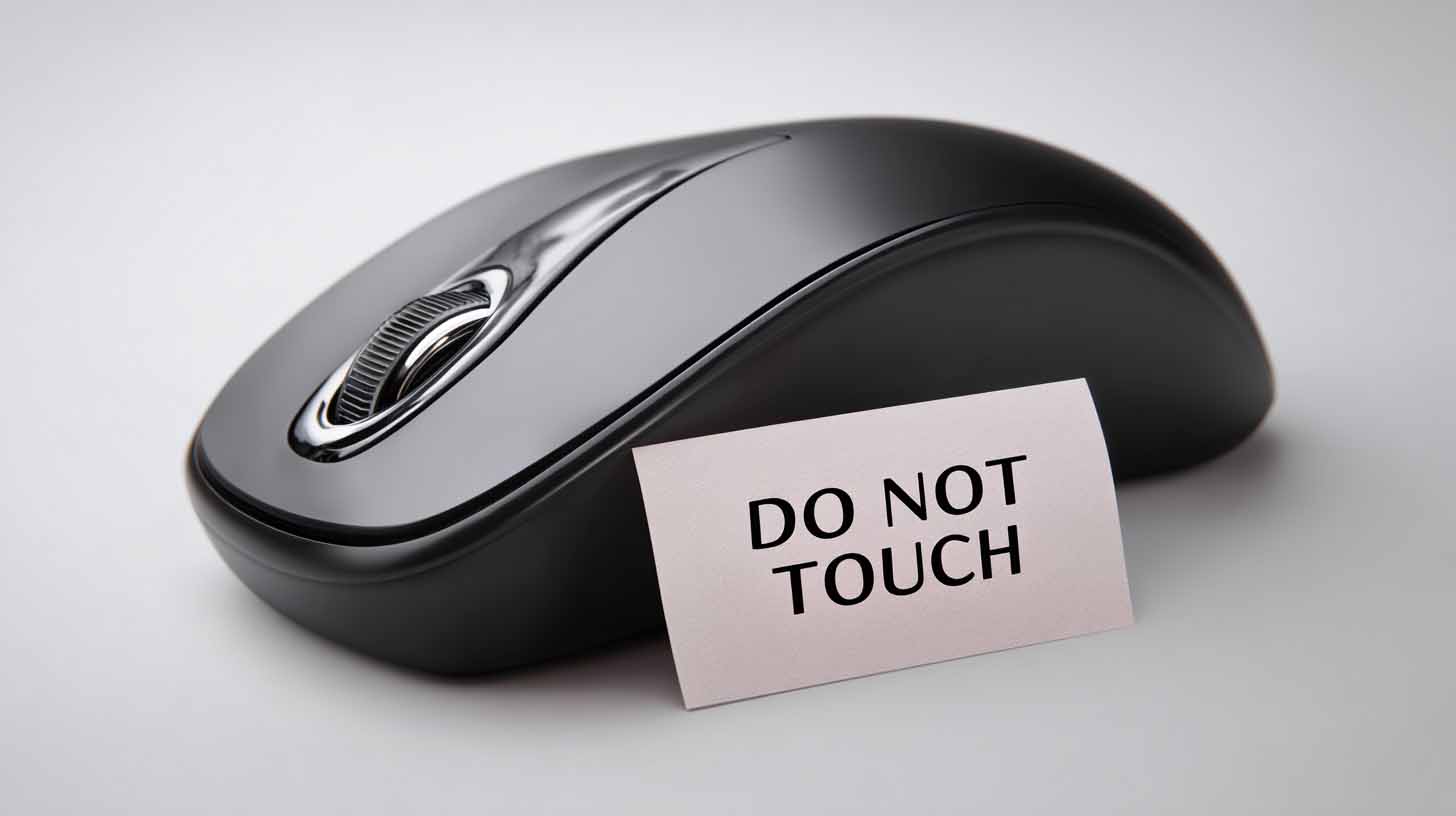 Computer mouse has sign next to it that says 'DO NOT TOUCH', in funny concept image illustrating the fragility of 'send clicks to the browser' automations.