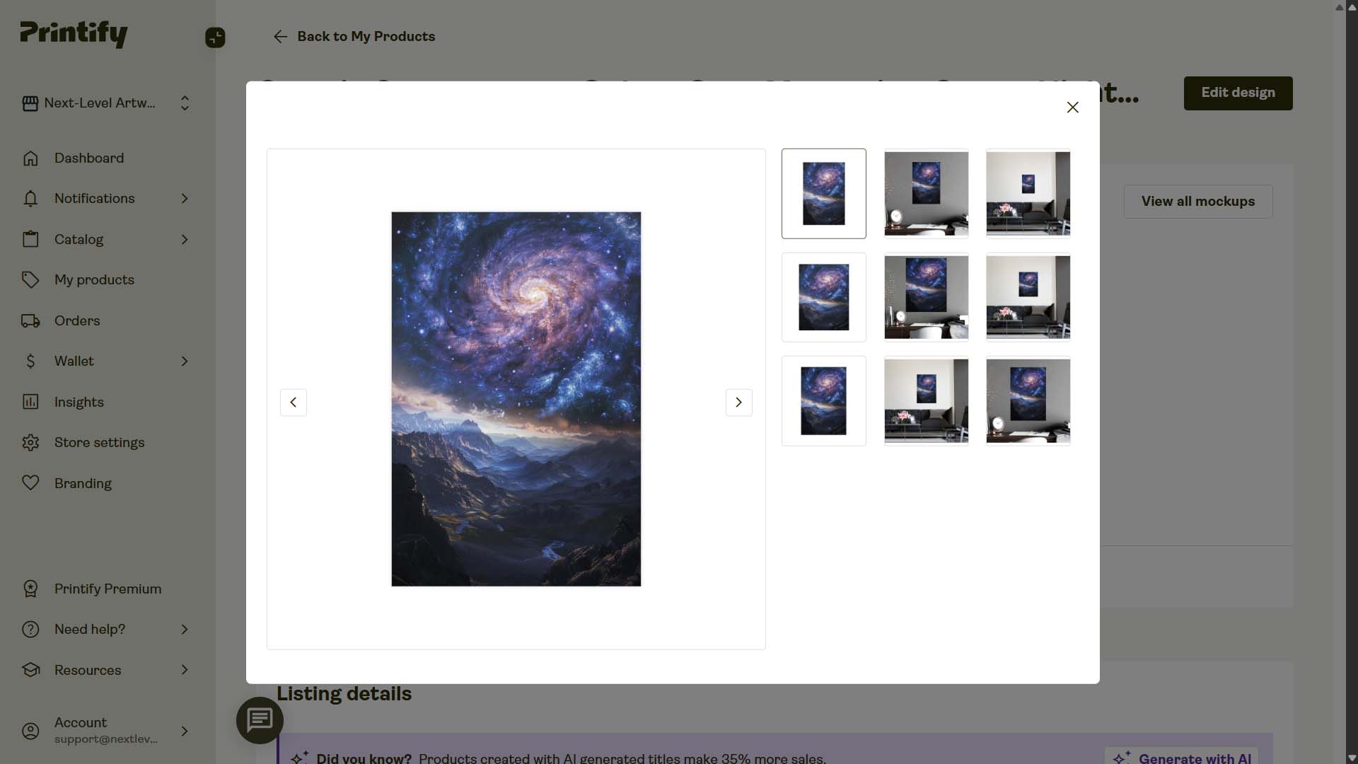 Screenshot of POD product in Printify interface, created by automation, example
