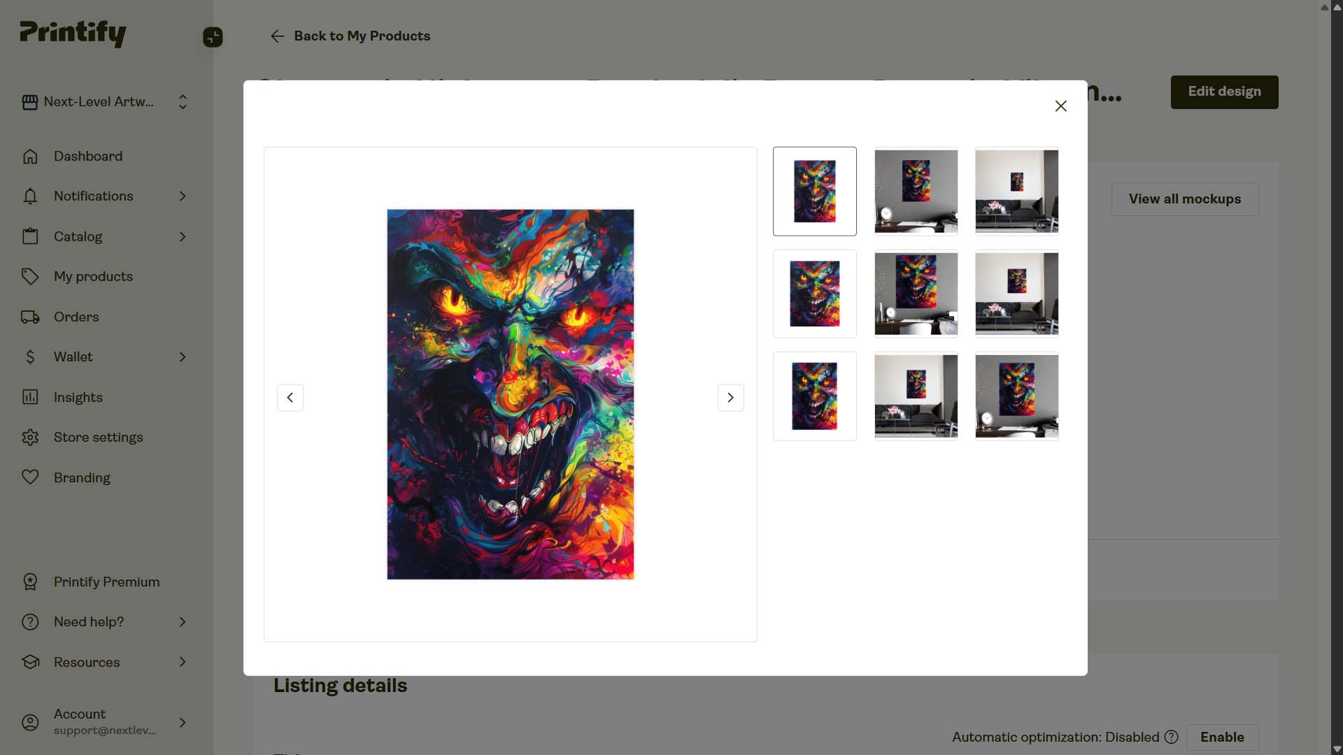 Screenshot of POD product in Printify interface, created by automation, example