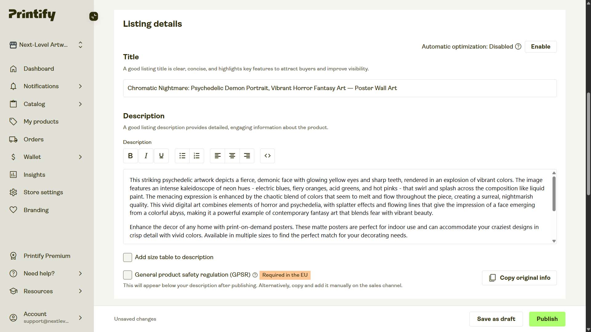 Screenshot of POD product in Printify interface, created by automation, example