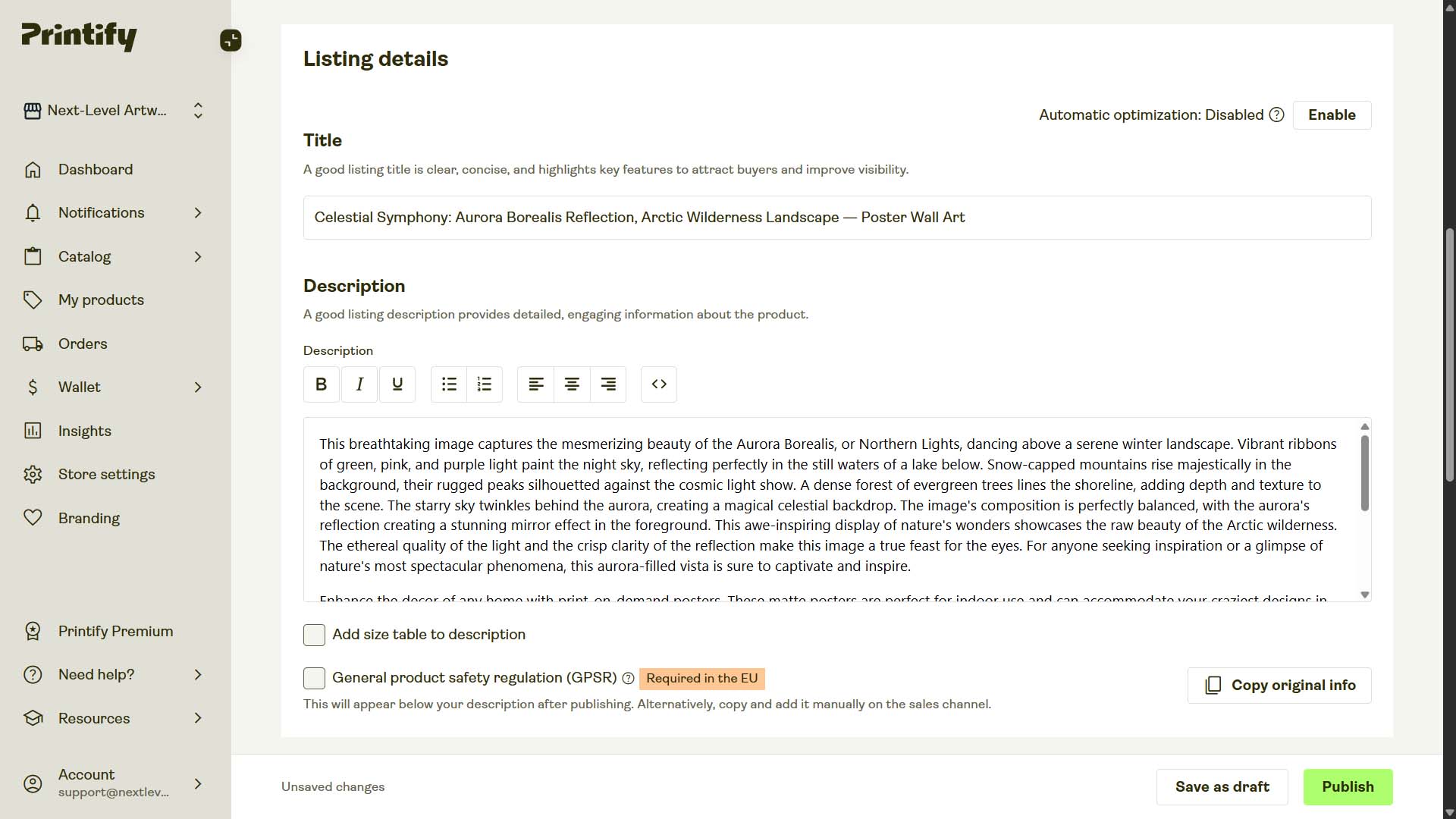 Screenshot of POD product in Printify interface, created by automation, example
