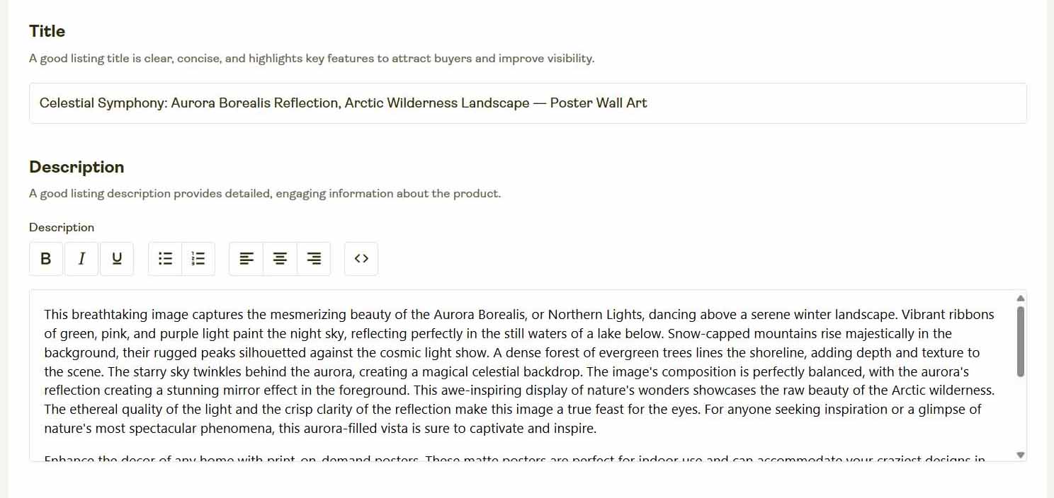 An example of an SEO-optimized print-on-demand product that was created by the Bulk POD Product Creator using AI and automation.