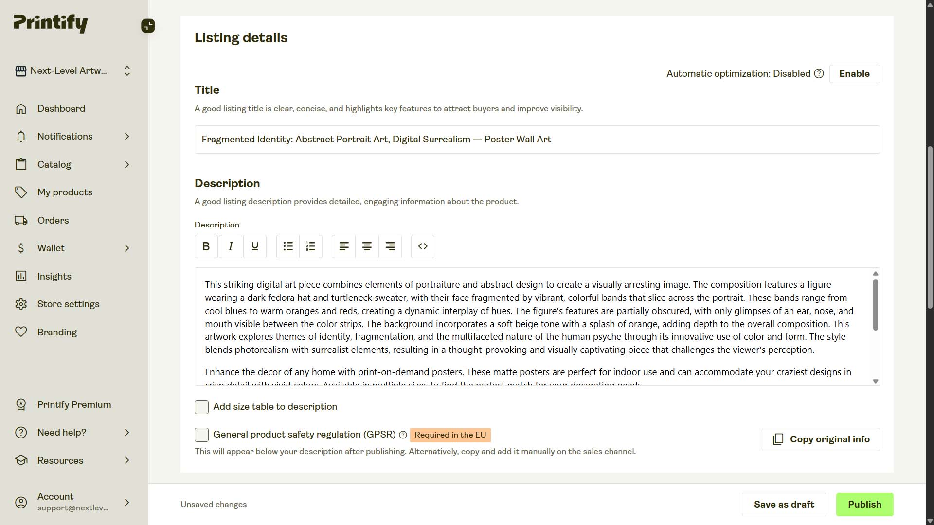 An example of a print-on-demand product created by the Bulk POD Product Creator, spotlighting the AI-generated description that was automatically written by AI.