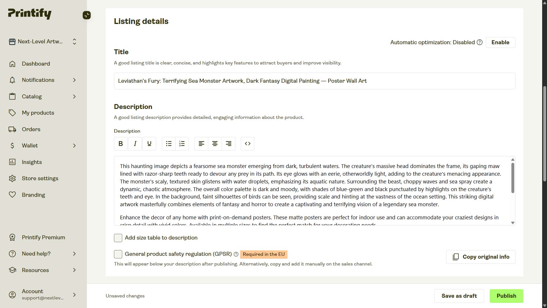 Screenshot of POD product in Printify interface, created by automation, example