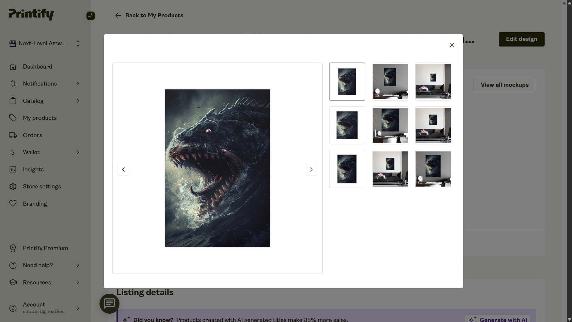 Screenshot of POD product in Printify interface, created by automation, example