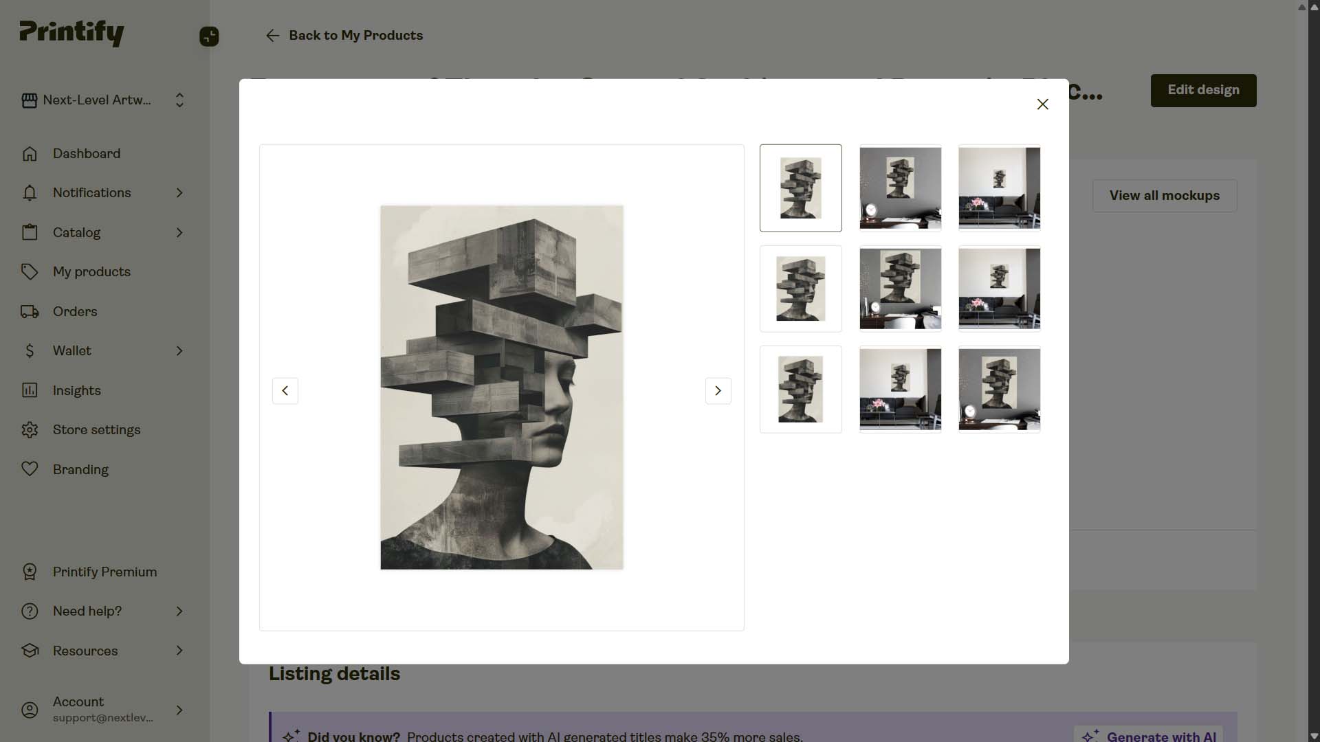 Screenshot of POD product in Printify interface, created by automation, example