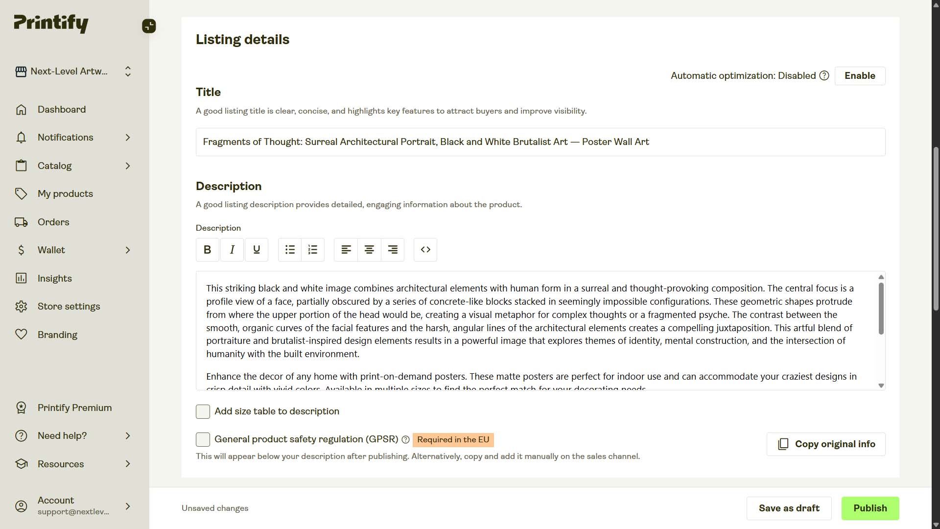 Screenshot of POD product in Printify interface, created by automation, example