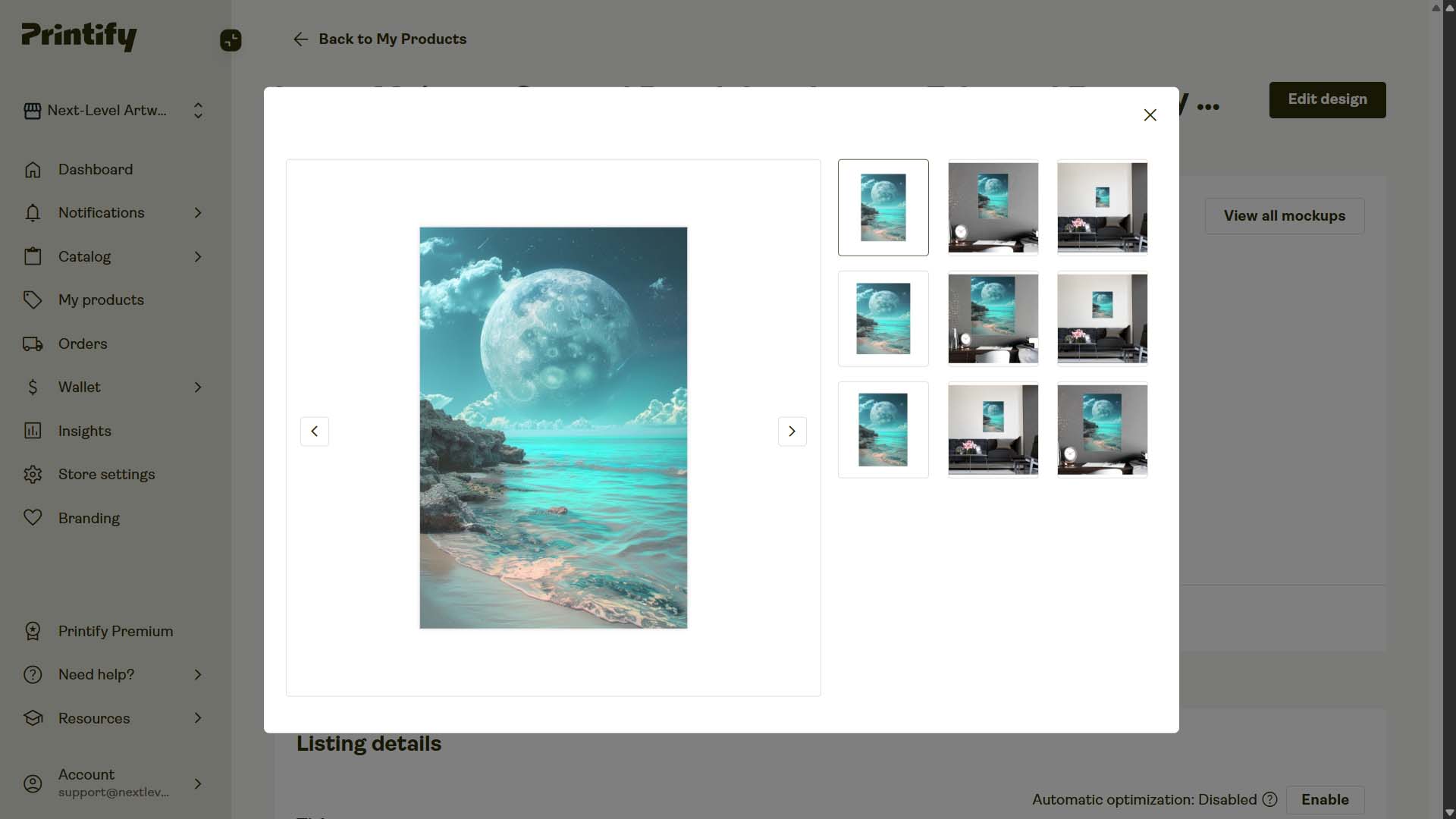 Screenshot of POD product in Printify interface, created by automation, example