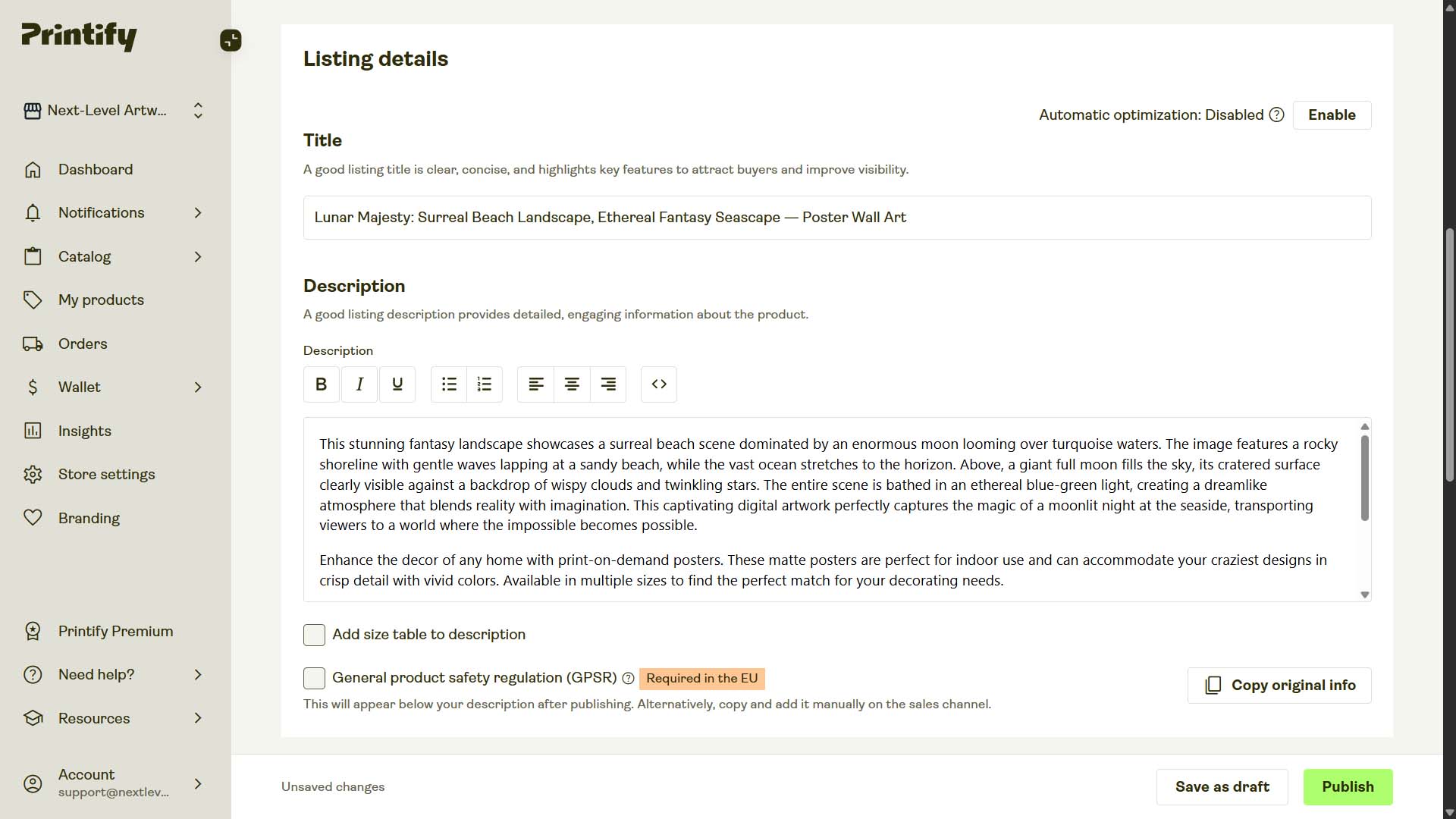 Screenshot of POD product in Printify interface, created by automation, example
