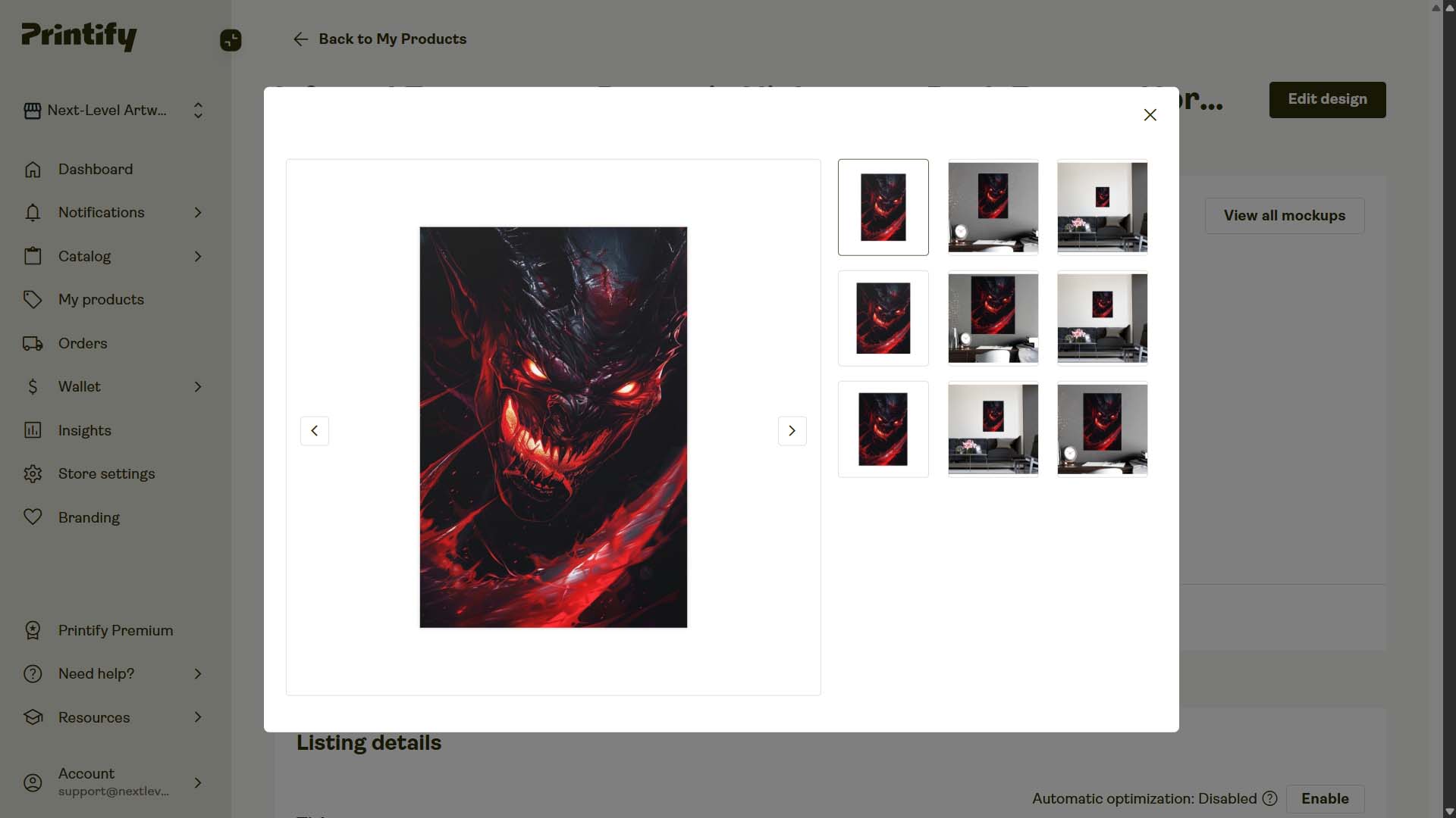 Screenshot of POD product in Printify interface, created by automation, example