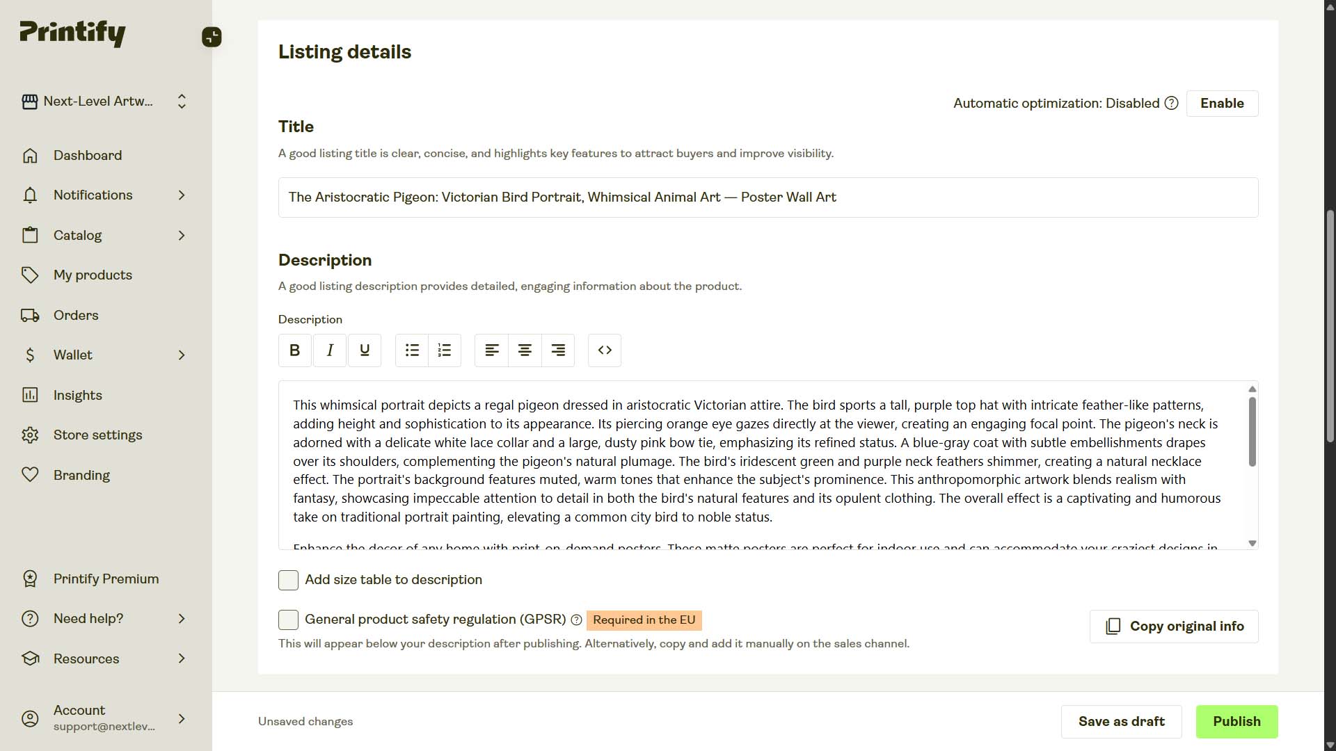 Screenshot of POD product in Printify interface, created by automation, example