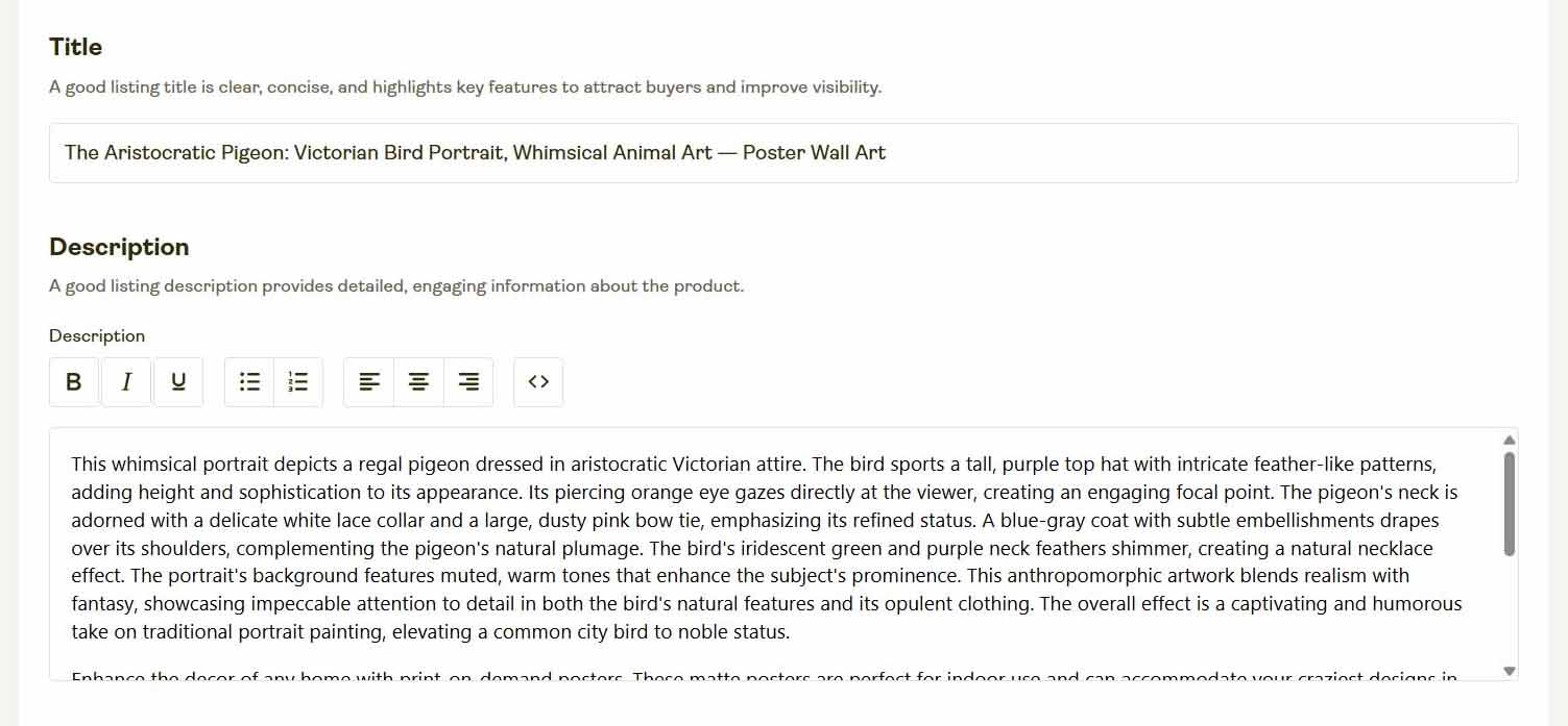 An example of an SEO-optimized print-on-demand product that was created via the Bulk POD Product Creator.