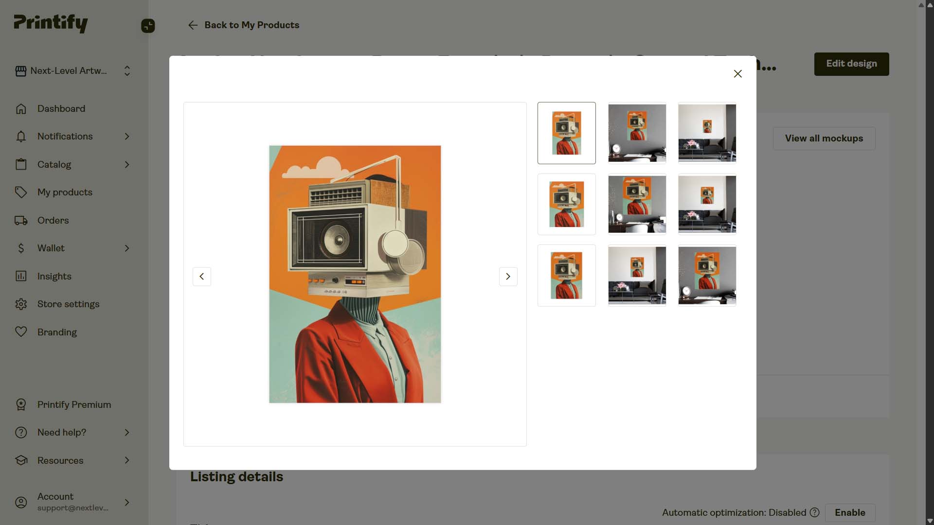 Screenshot of POD product in Printify interface, created by automation, example