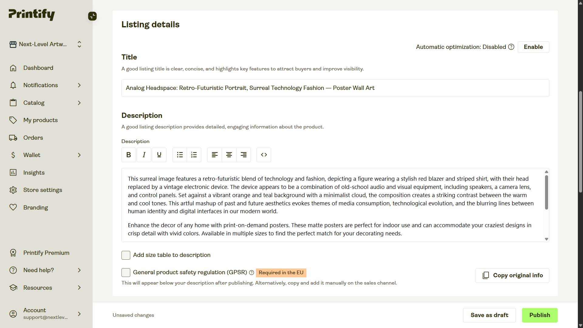 Screenshot of POD product in Printify interface, created by automation, example