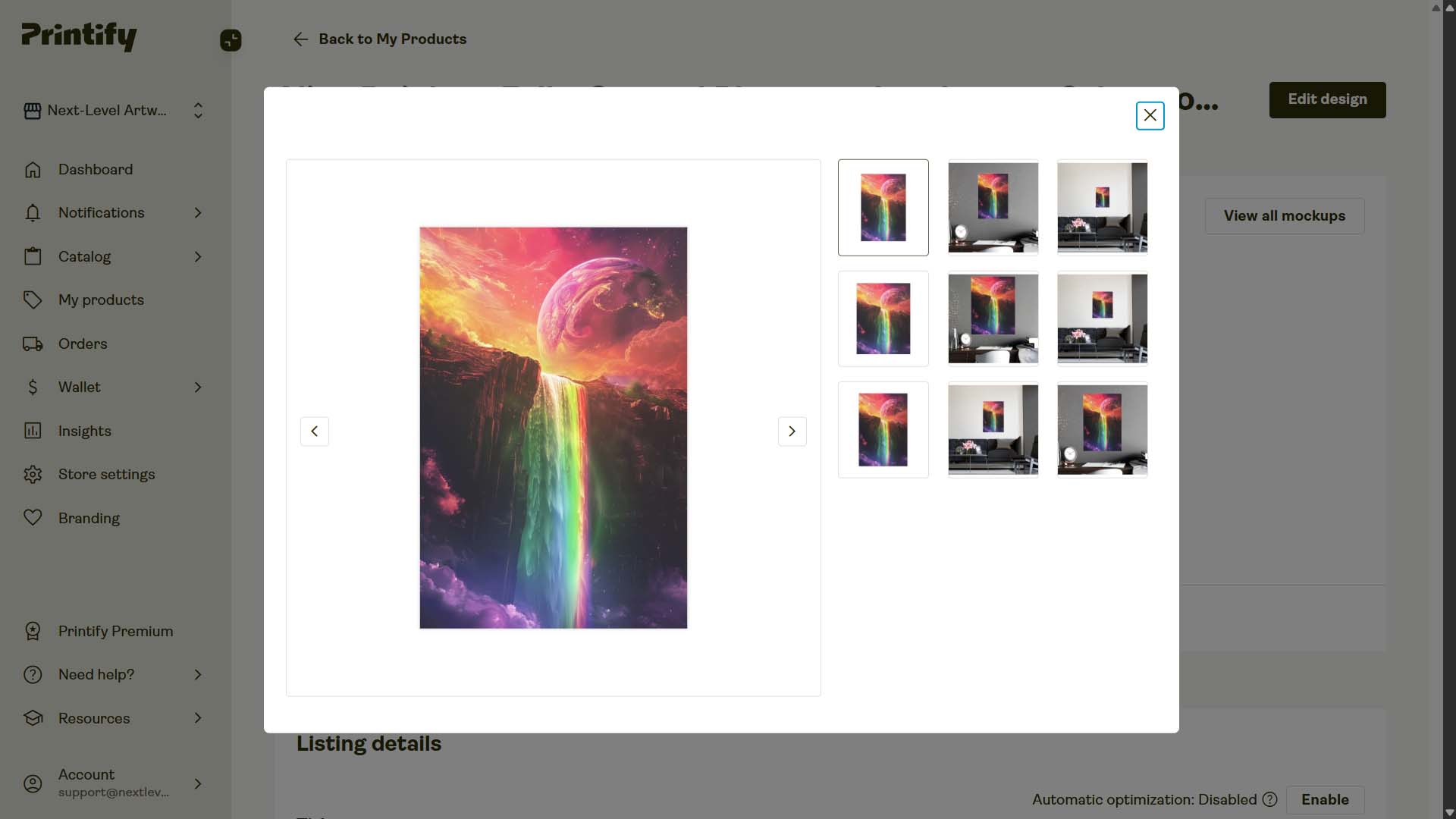 Screenshot of POD product in Printify interface, created by automation, example