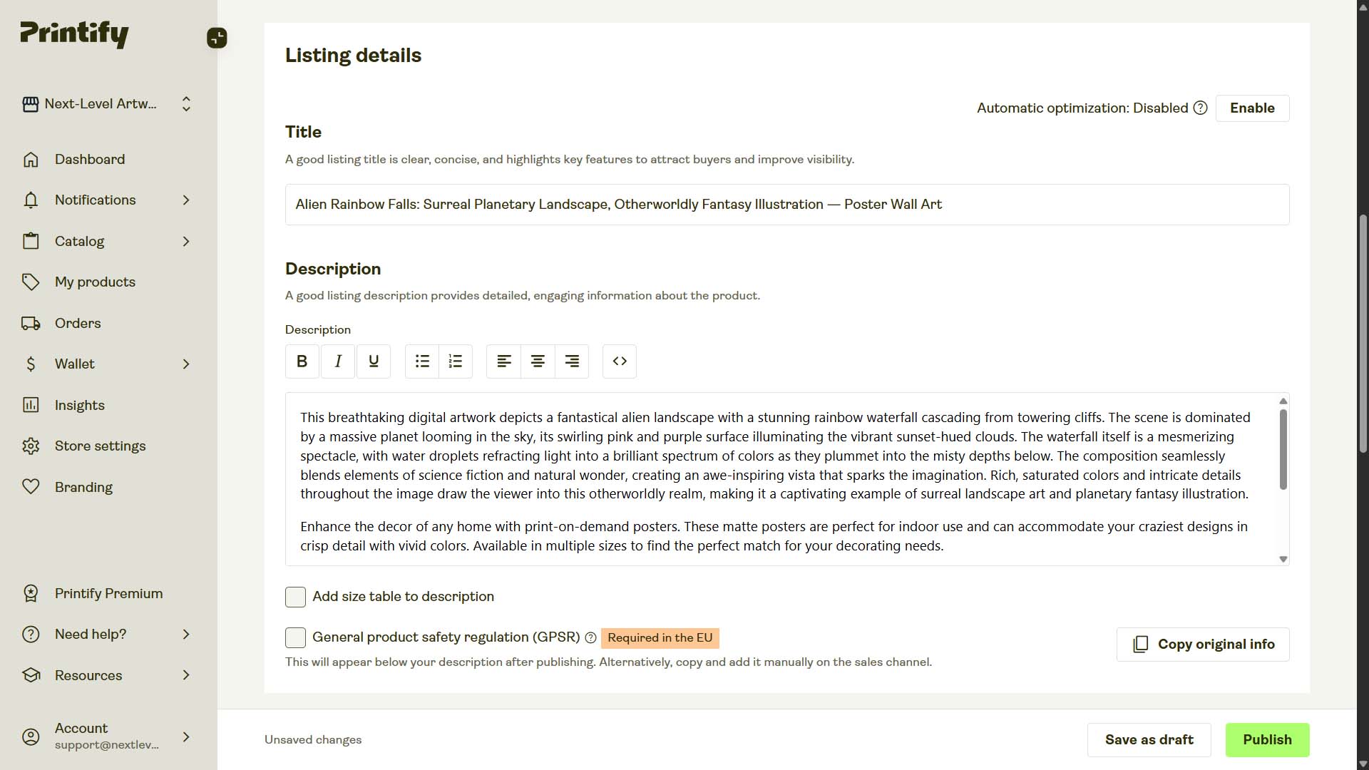 Screenshot of POD product in Printify interface, created by automation, example