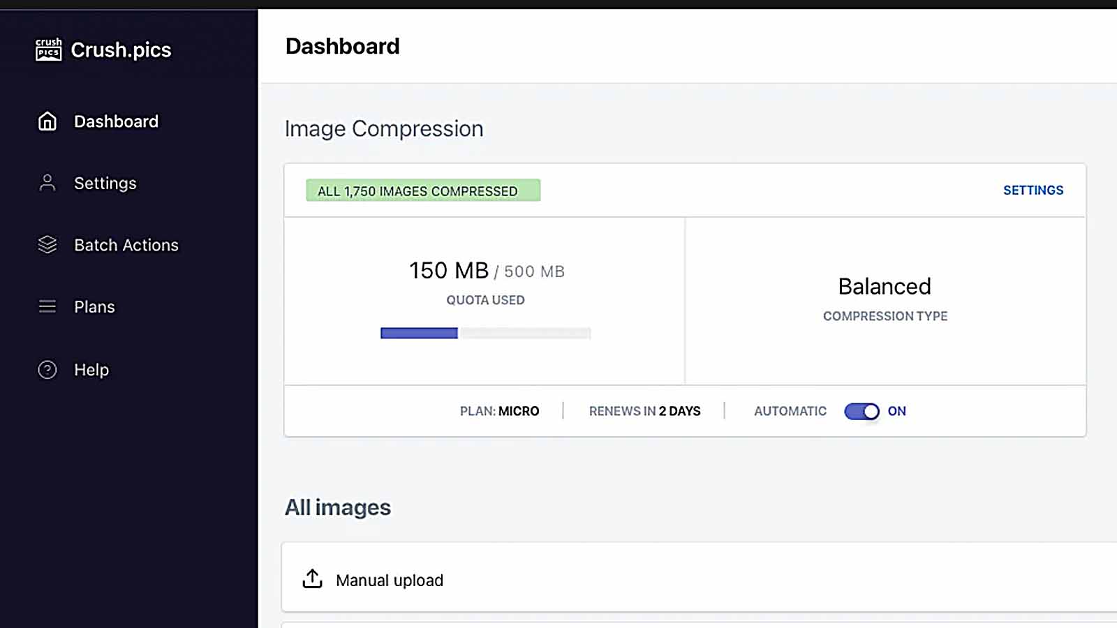 Crush.pic image compression filesize optimizing app for Shopify, screenshot.