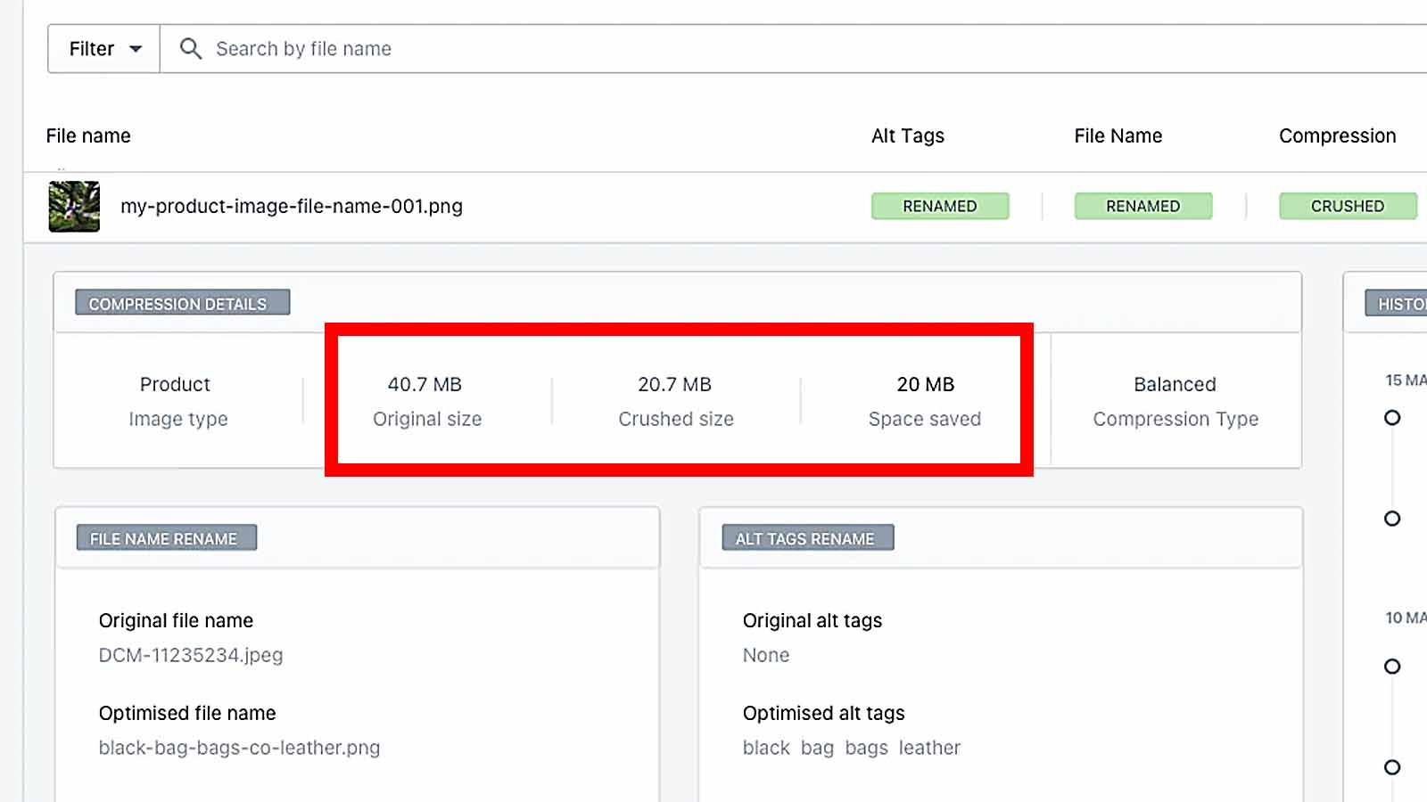 Crush.pics Shopify app: Automatic image filesize reduction for SEO optimization.