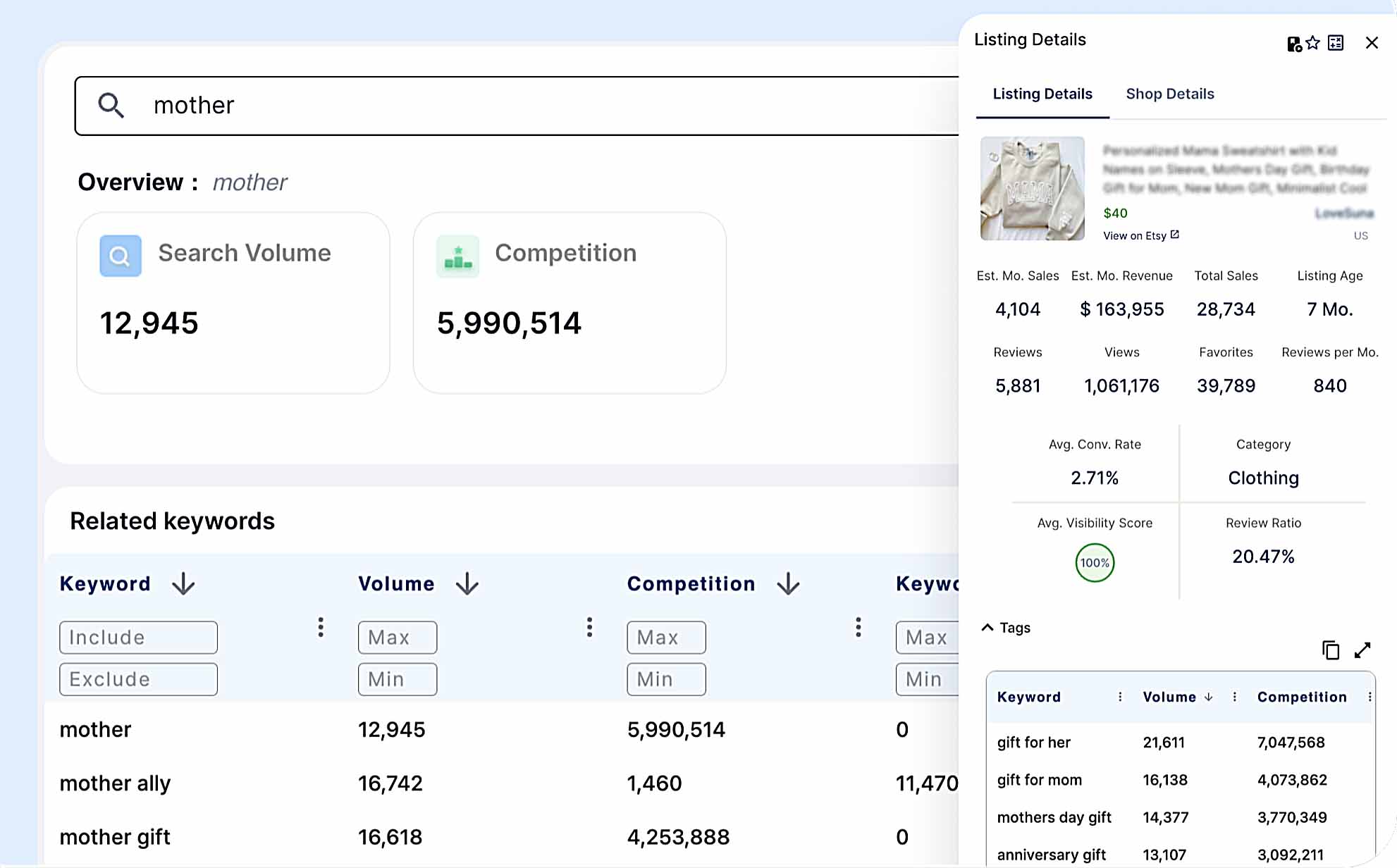 EverBee: Etsy SEO product research tool, website screenshot of keyword breakdown results.