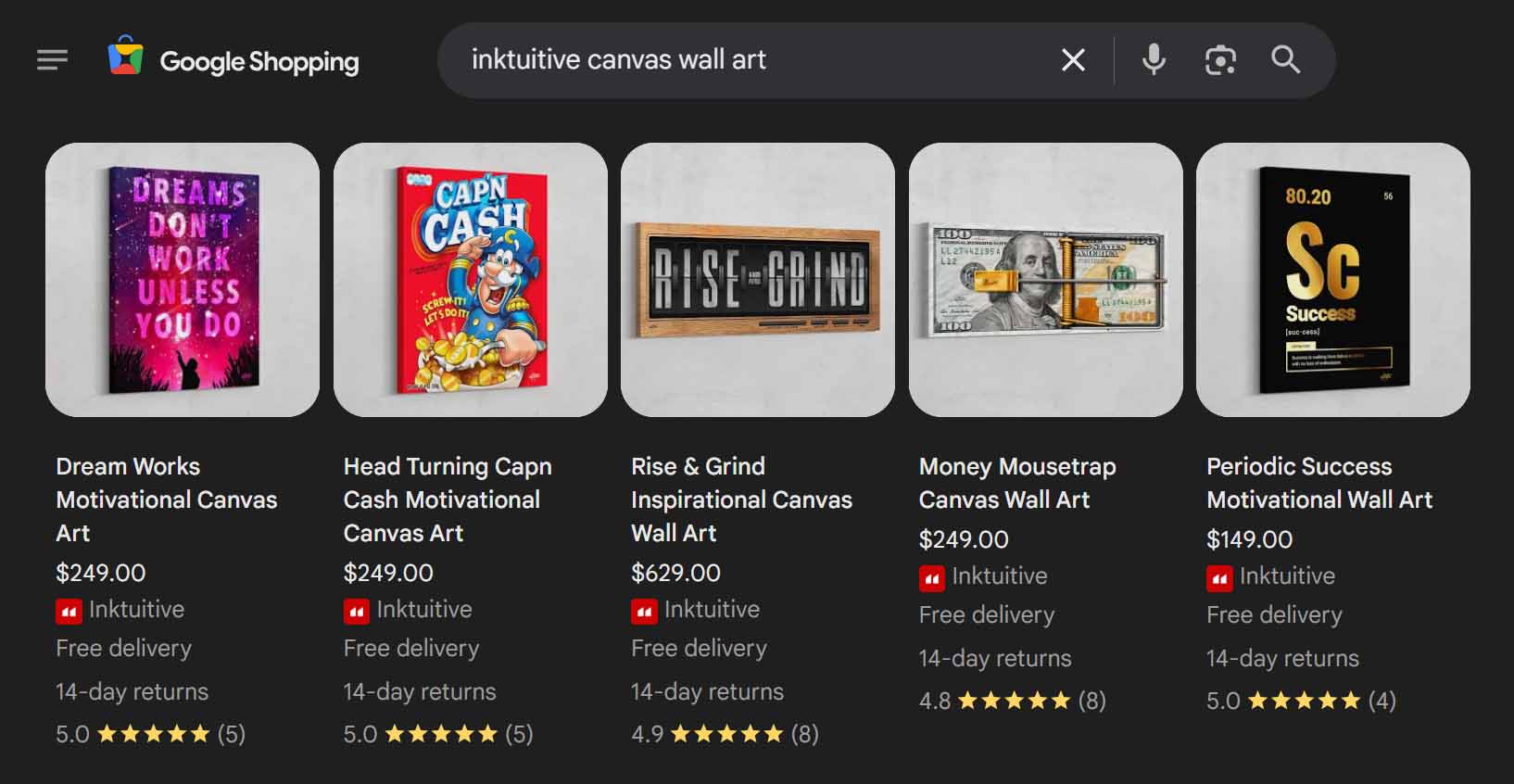 Examples of high-selling print-on-demand products showing up in Google Shopping Search results.