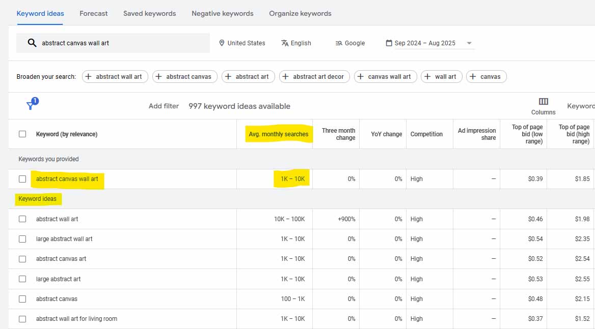 Google Ads Keyword Planner Tool: Search volume results for print-on-demand SEO research.