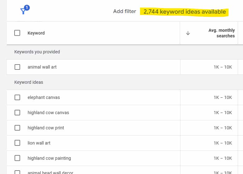 Google Ads Keyword Planner Tool: Search volume results for print-on-demand SEO research.