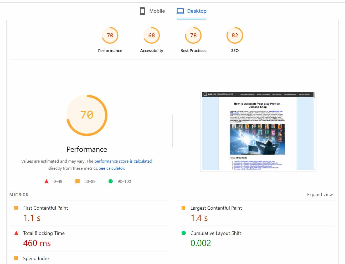 Google PageSpeed Insights results, showing SEO and Performance improvement tips for website.