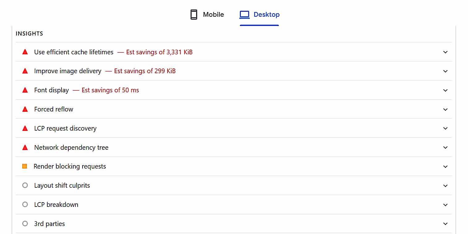 Specific website speed improvement tips provided by the Google PageSpeed Insights tool.