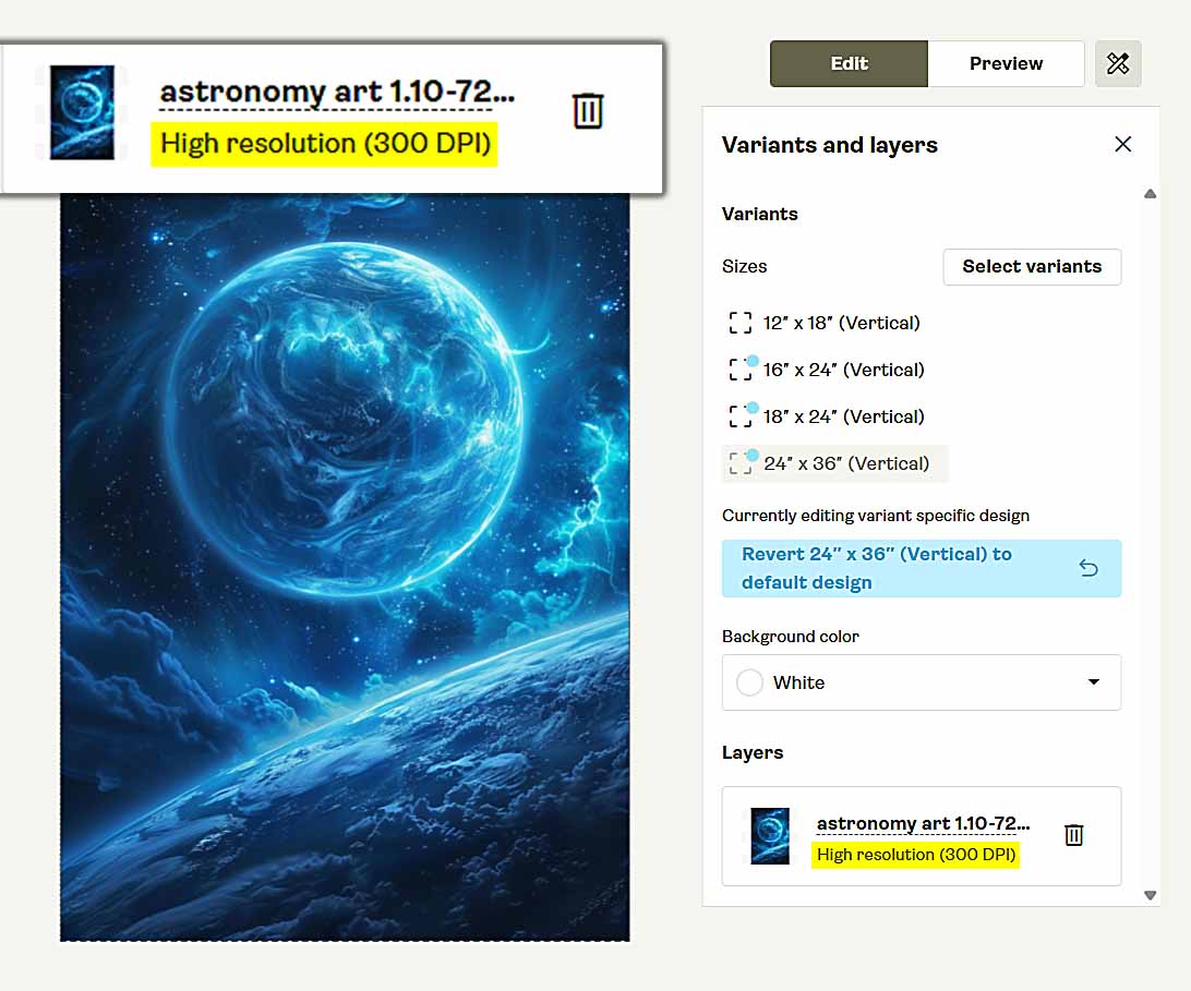 A high-resolution artwork image, upscaled and resized by the Bulk POD Product Creator.