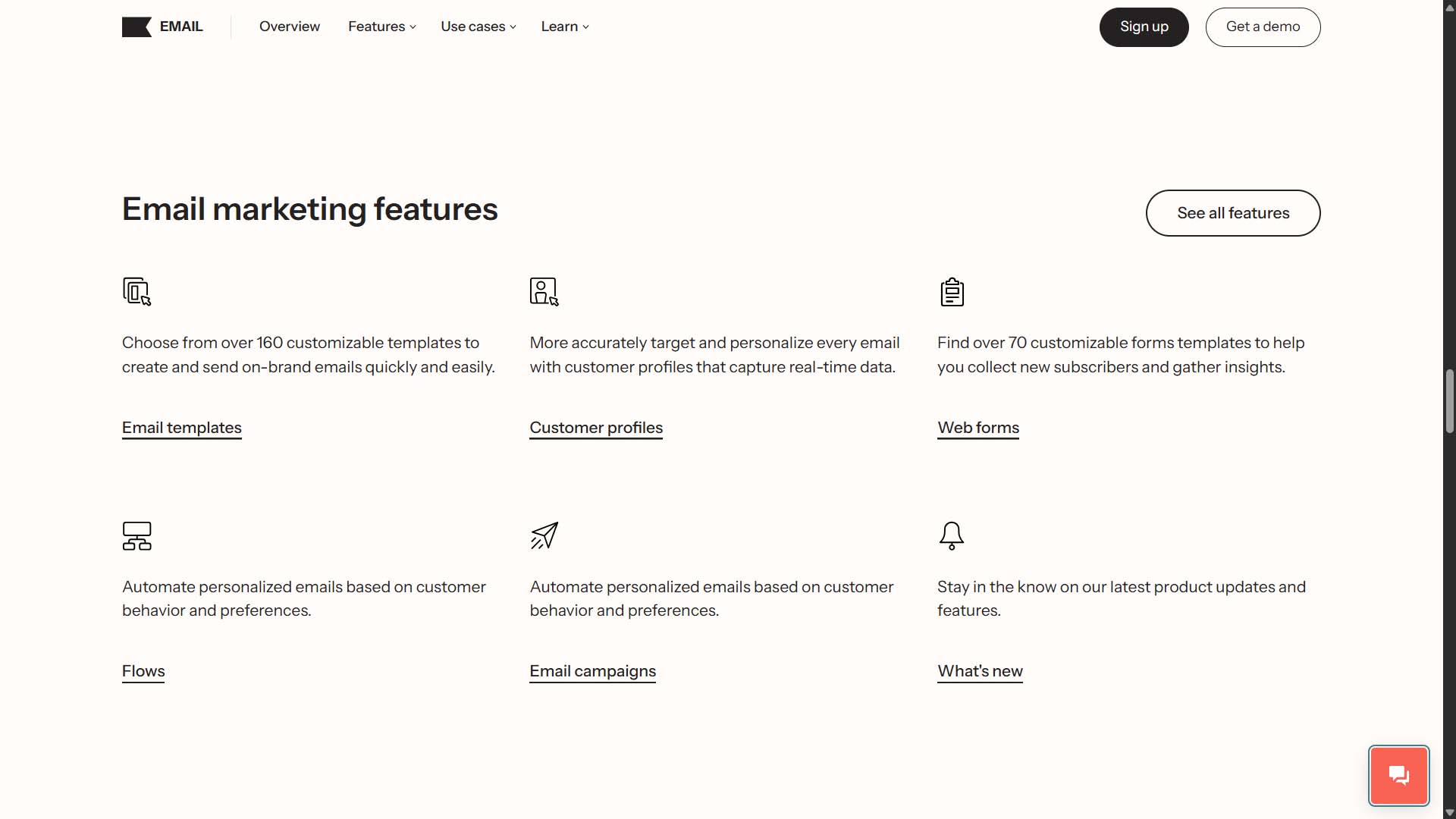 Klaviyo email marketing: Website screenshot of core benefits.