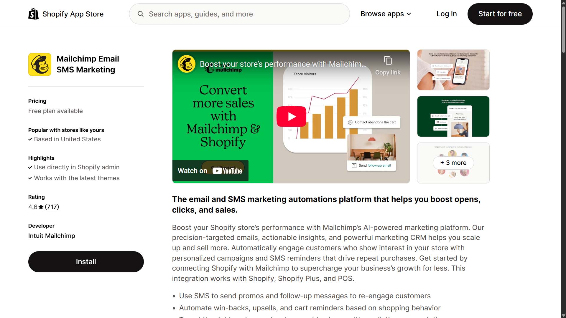 Mailchimp app for Shopify (screenshot) for automated email marketing campaigns.