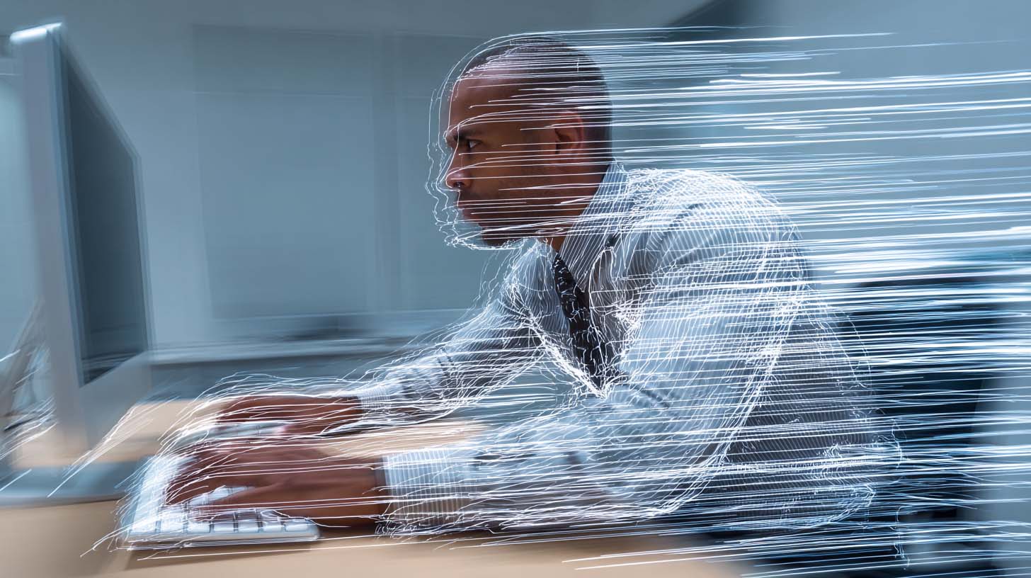 Man works very quickly at computer, automating print-on-demand product creation.