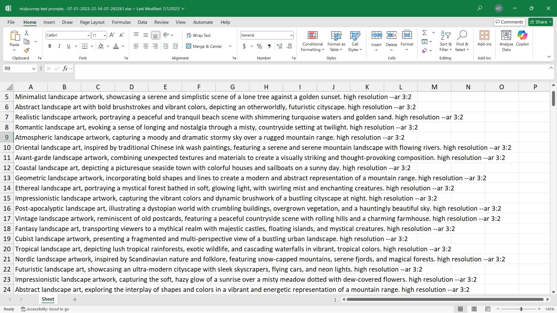 Screenshot of a spreadsheet containing text prompts to use for bulk Midjourney AI artwork image generation.