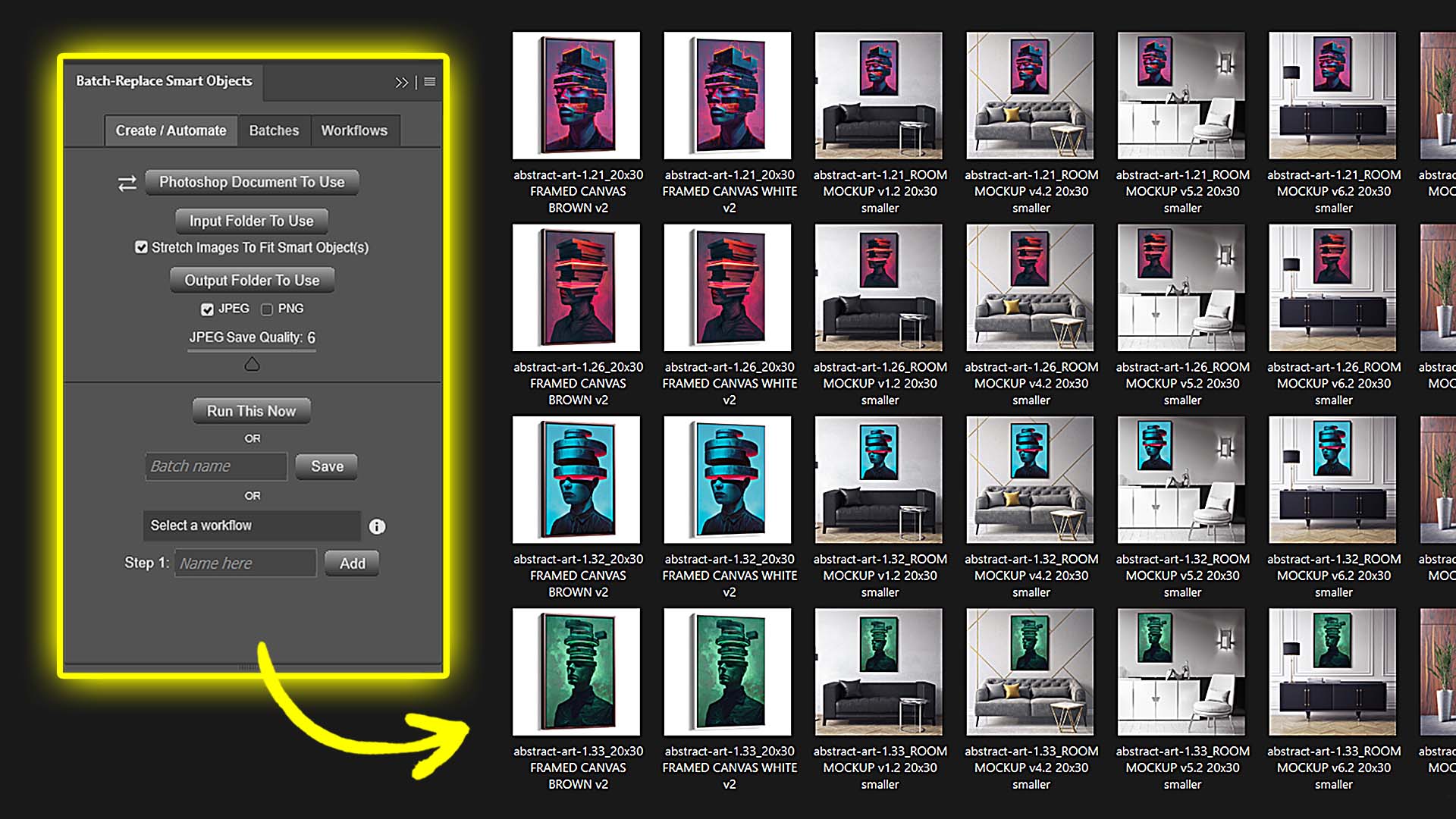 Mockup image creation being automated in Photoshop by the Batch-Replace Smart Objects plugin.